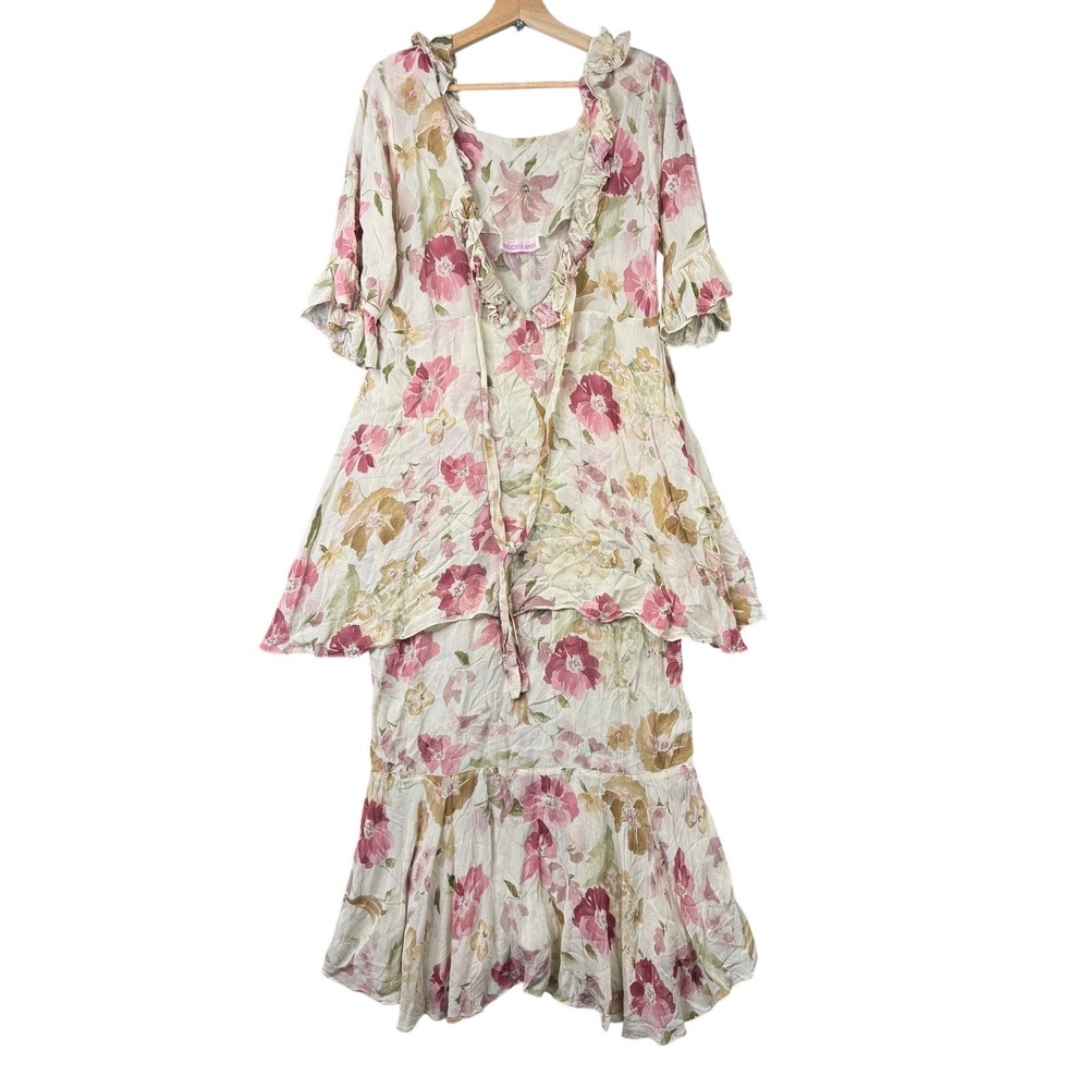 Marrika Nakk Floral Maxi Dress Fairy Flutter Sleeve Top Pink Cream Size Medium